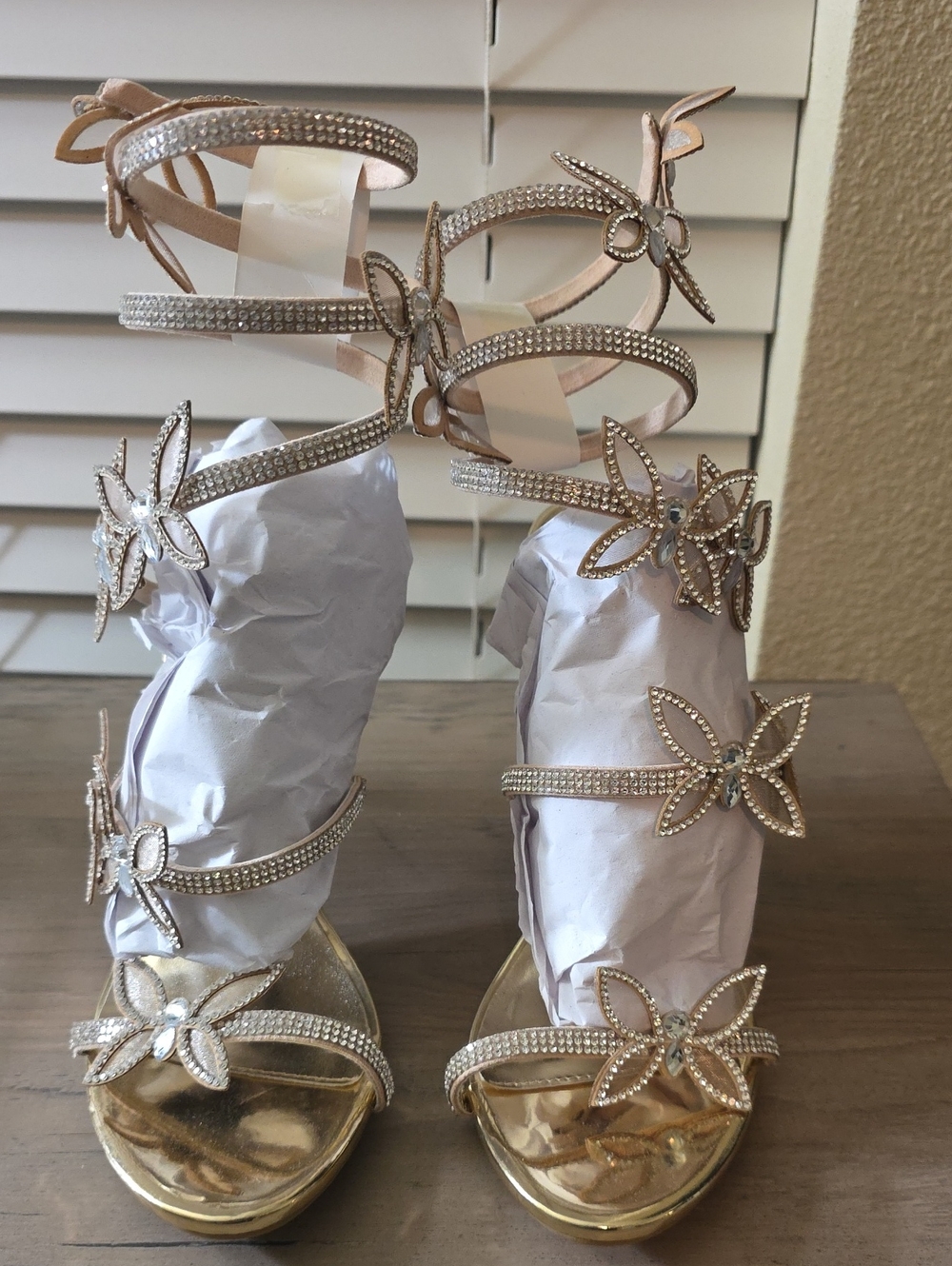 Gold Rhinestone Embellished Butterfly Gladiator Sandals